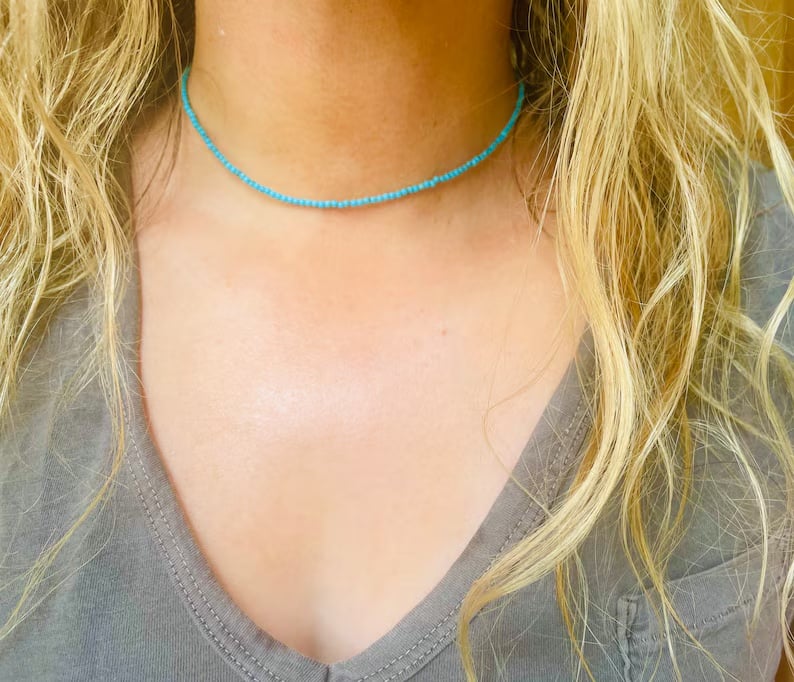 Tiny Turquoise Beaded Choker Necklace, Turquoise Gemstone Necklace