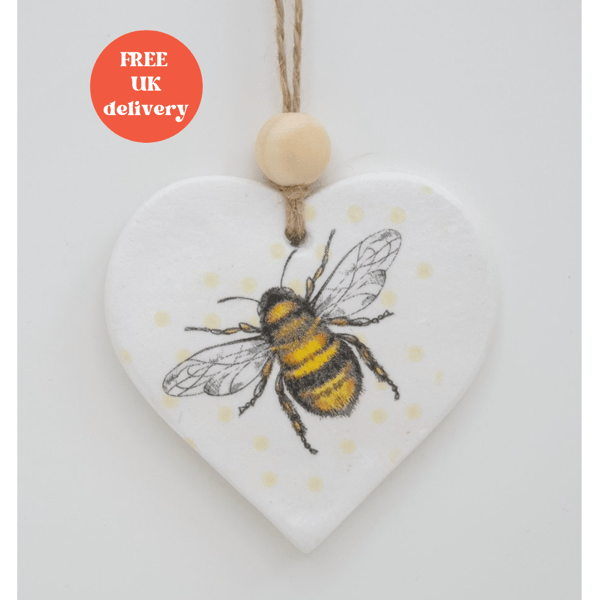 Bee clay heart hanging decoration, gift for a bee lover