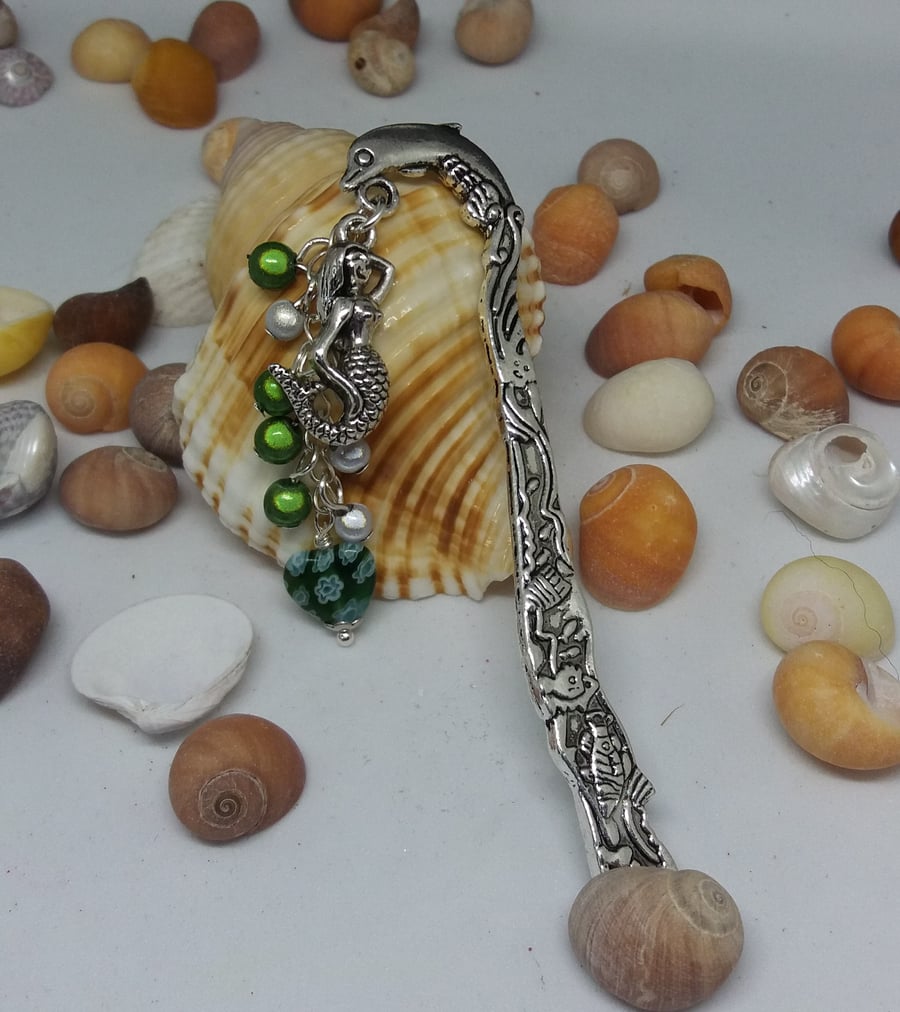 Dolphin bookmark with green miracle beads and mermaid