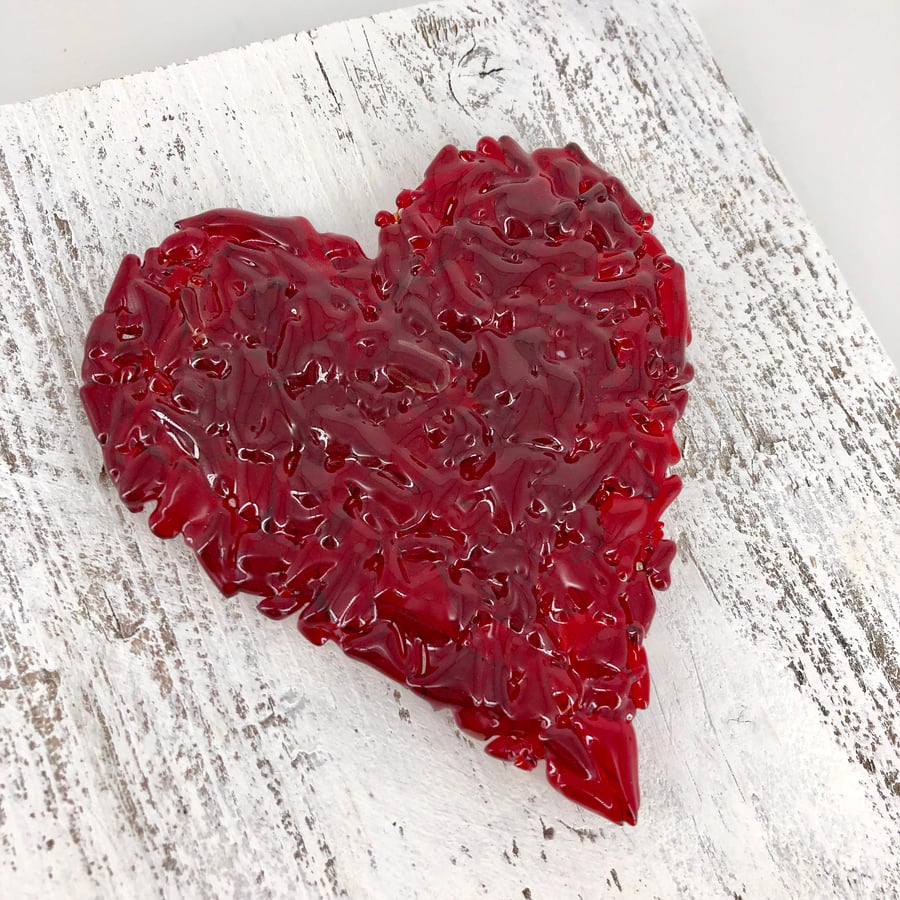 Red Crushed Glass Heart on Reclaimed Wood