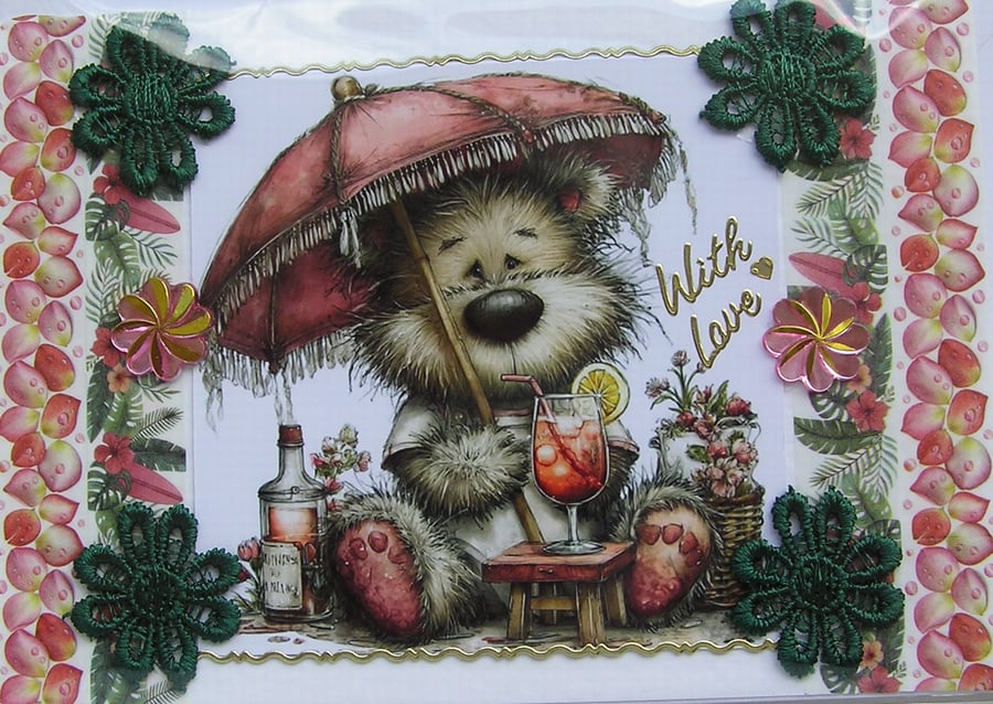 Holiday Cocktail Teddy Bear - Hand Crafted Decoupage Card - With Love 3336