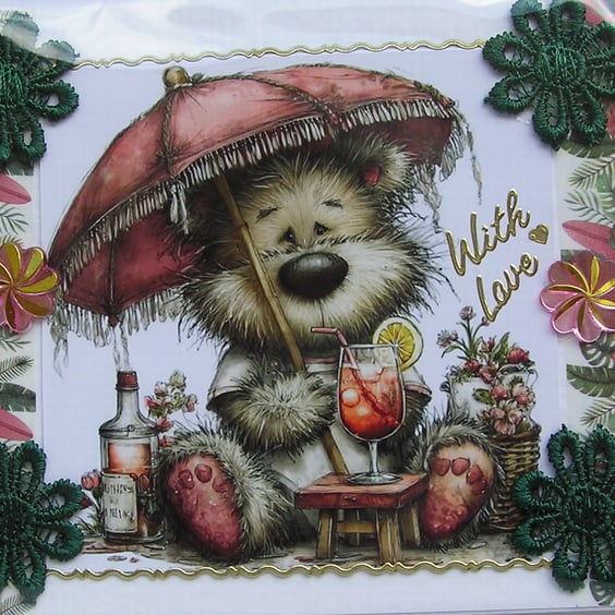Holiday Cocktail Teddy Bear - Hand Crafted Decoupage Card - With Love 3336