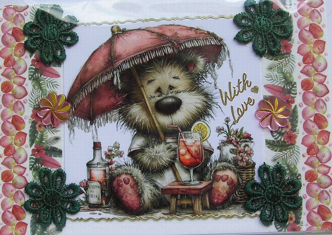 Holiday Cocktail Teddy Bear - Hand Crafted Decoupage Card - With Love 3336