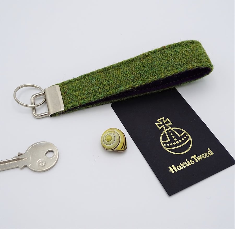 Harris Tweed key fob wrist strap in bright moss green