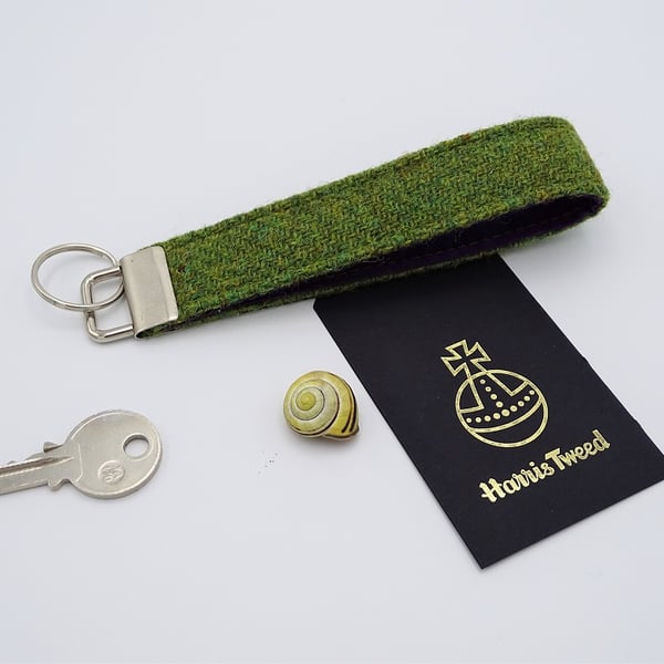 Harris Tweed key fob wrist strap in bright moss green