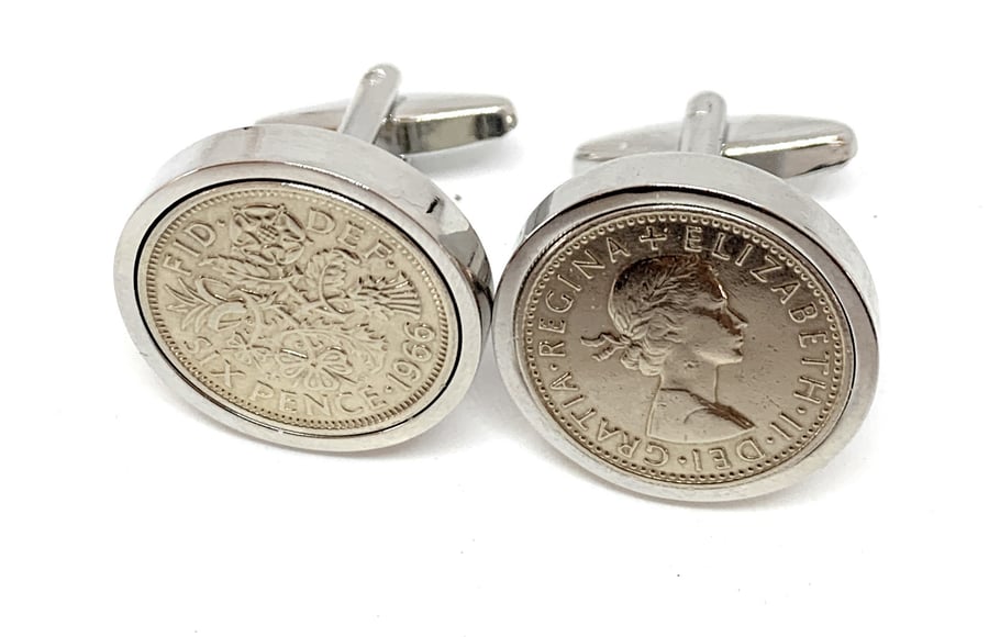 Luxury 1966 Sixpence Cufflinks for a 58th birthday. Original British sixpences 