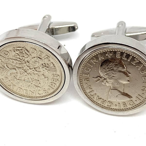 Luxury 1966 Sixpence Cufflinks for a 59th birthday. Original British sixpences 