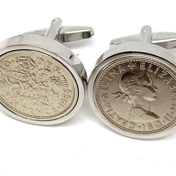 Luxury 1966 Sixpence Cufflinks for a 58th birthday. Original British sixpences 