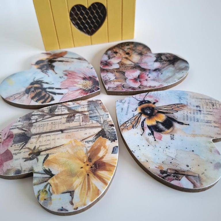 Heart Shaped Bumblebee Coasters, Decoupage Floral Drink Mats, Set of 4