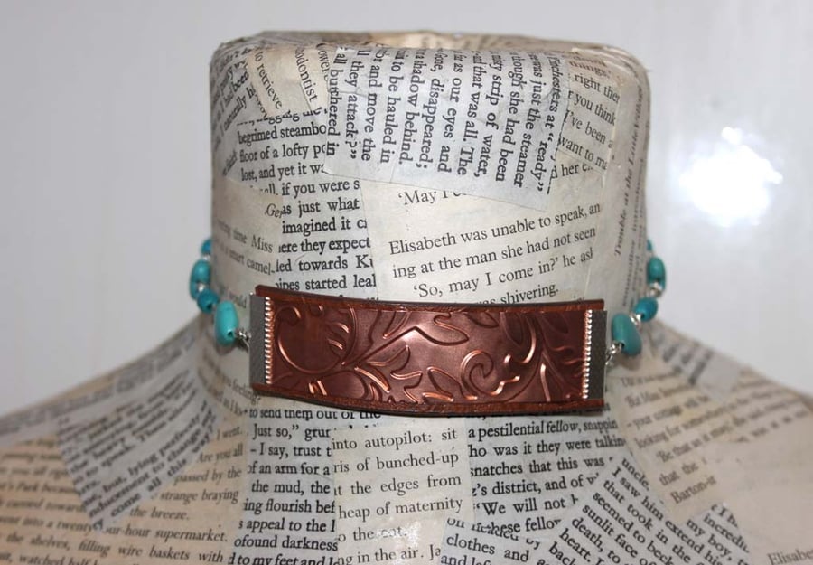 Copper Embossed Turquoise Heart Choker Necklace