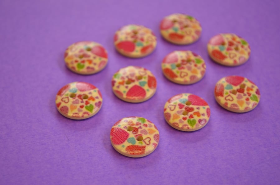 15mm Wooden Multicoloured Heart Buttons Natural Wood 10pk (SNH3)