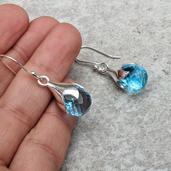 Blue Topaz Drops Earrings. Dangle Silver Earrings for women. November Birthstone