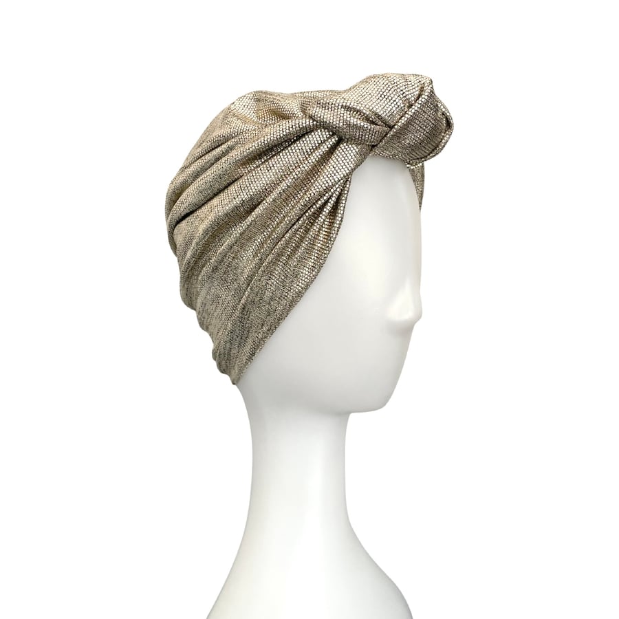 Metallic Front Knotted Turban Hat, Festive Christmas and Party Head Wrap Turban