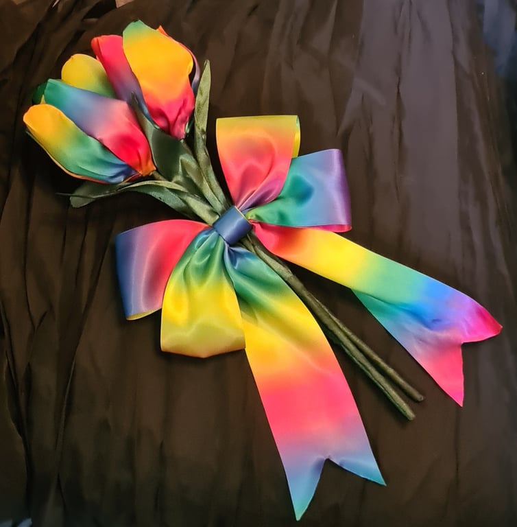 Beautiful Trio of Large Rainbow Ribbon Tulips - Rainbow Bow. Faux Flower gift