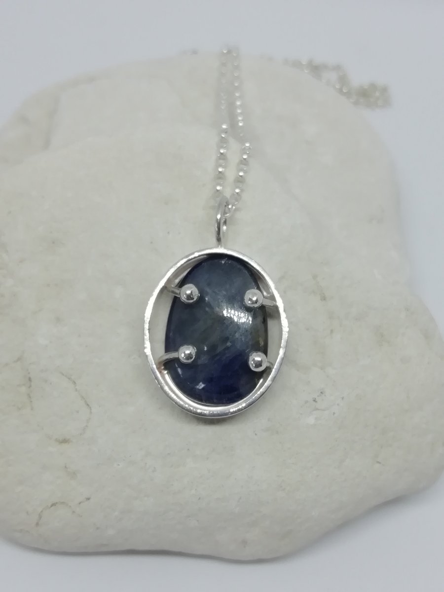 Tumbled Sapphire in a Silver Oval Setting Necklace