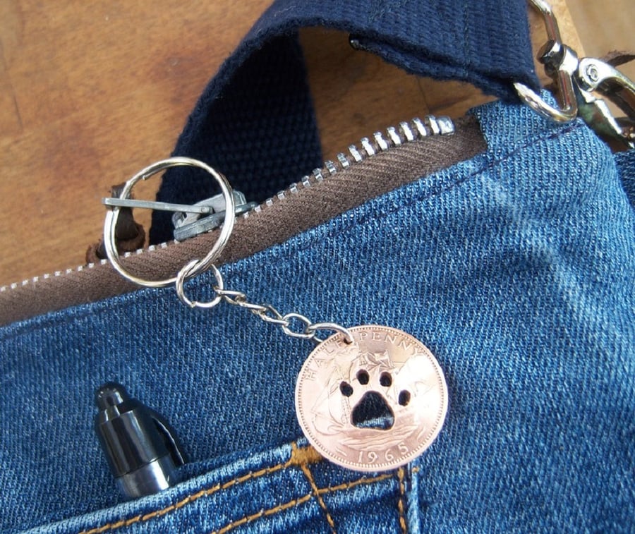Upcycled paw in bronze 1965 halfpenny coin keyring or bag charm