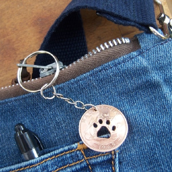Upcycled paw in bronze 1965 halfpenny coin keyring or bag charm