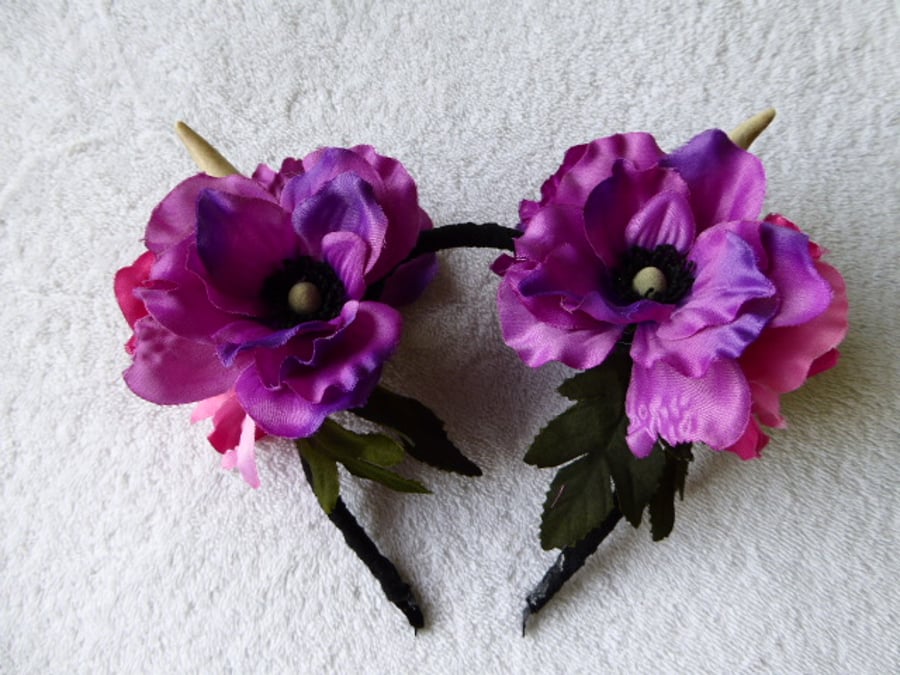 Deer Antler and Flower Headband. Festival Faerie Wear. Purple Flowers