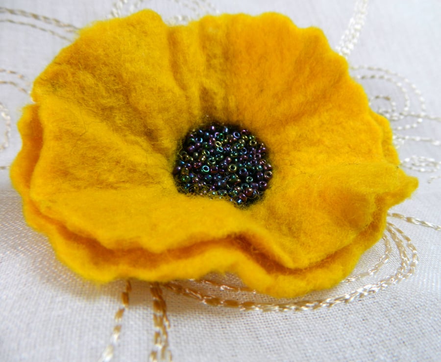 Handmade Felt Yellow Poppy Brooch with Beaded Centre Autumn Gift