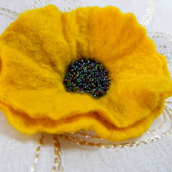 Handmade Felt Yellow Poppy Brooch with Beaded Centre Autumn Gift