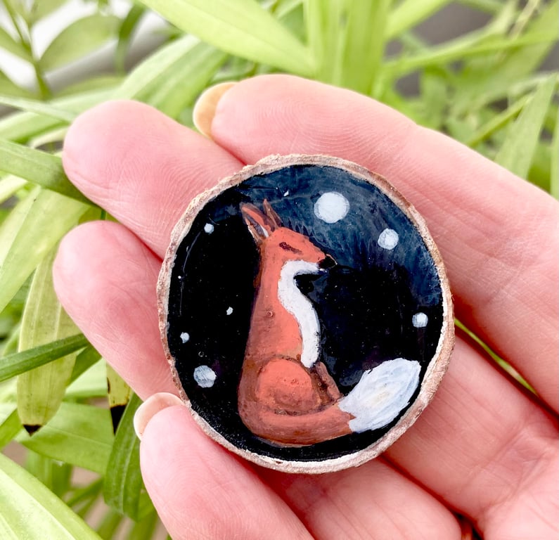 Painted Little Fox Under The Moon Wood Slice Brooch Pin
