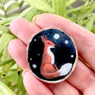Painted Little Fox Under The Moon Wood Slice Brooch Pin