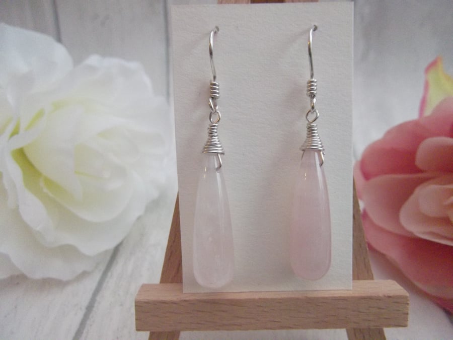 Rose quartz gemstone dangle earrings wire wrapped heart chakra love nurturing