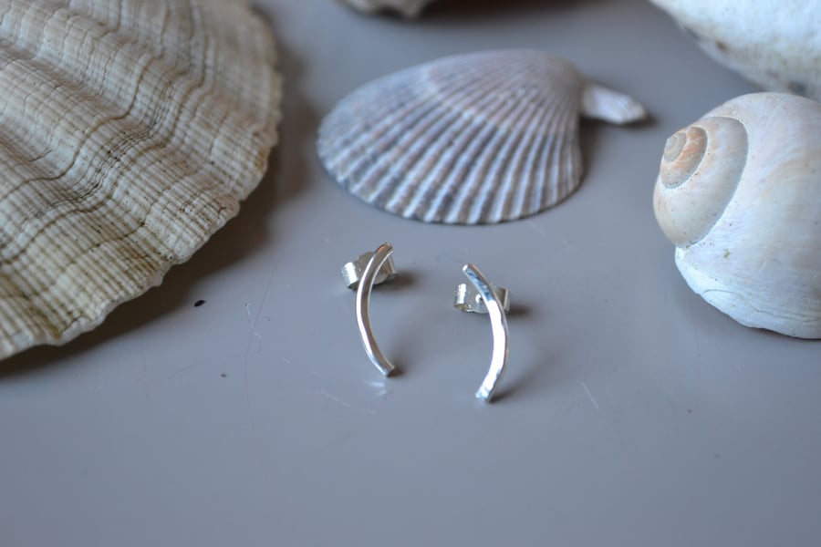 Silver curve stud earrings, 925 sterling silver, texture, gift for her, hammered
