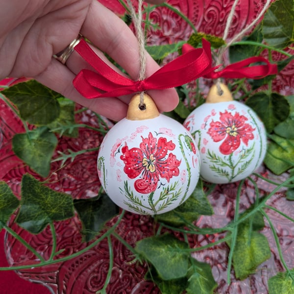 Poppy hand-painted ceramic Christmas bauble decoration 
