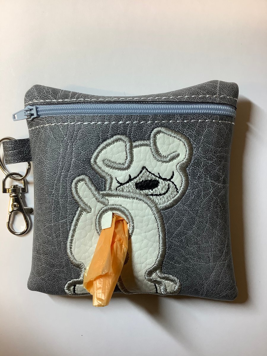 Embroidered Grey faux leather dog poo bag ,dog walking,