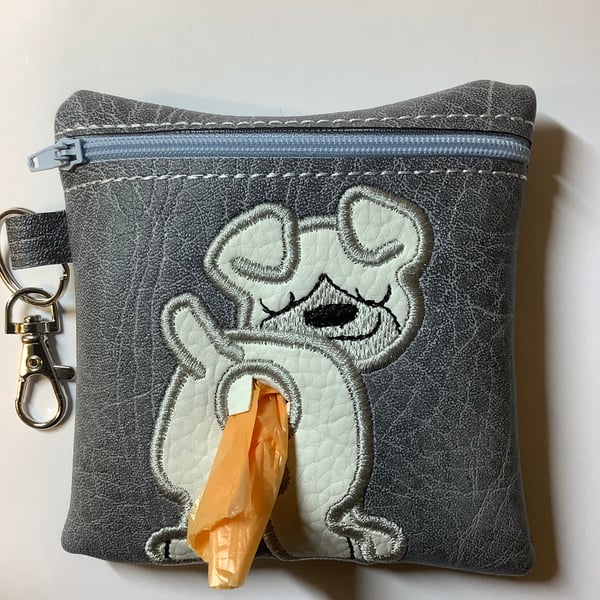 Embroidered Grey faux leather dog poo bag ,dog walking,