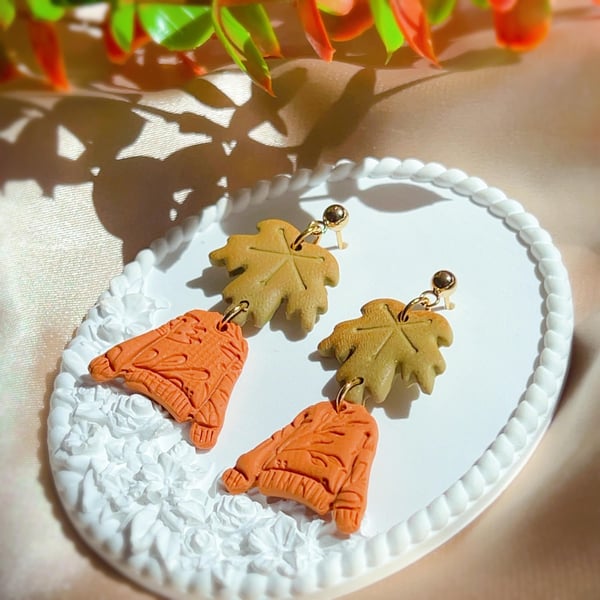 Cozy Fall Sweater Earrings with Leaf Dangle, Nature-Inspired Autumn Jewelry
