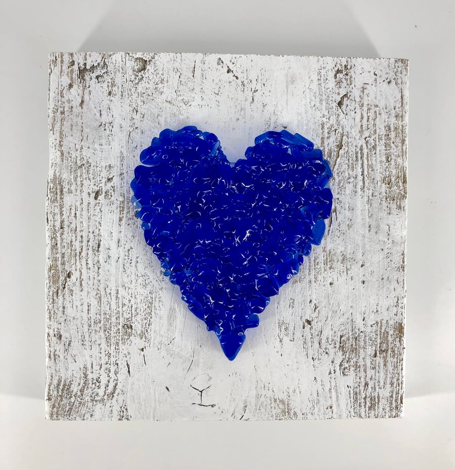 Blue Crushed Glass Heart on Reclaimed Wood