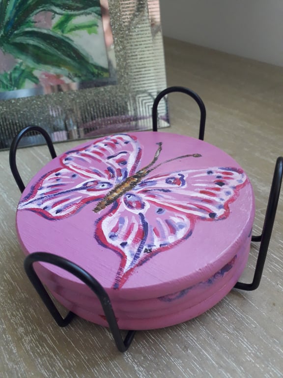 Handpainted 'pink with butterflies' coasters, set of four and holder.  