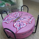 Handpainted 'pink with butterflies' coasters, set of four and holder.  