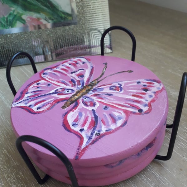 Handpainted 'pink with butterflies' coasters, set of four and holder.  