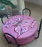 Handpainted 'pink with butterflies' coasters, set of four and holder.  