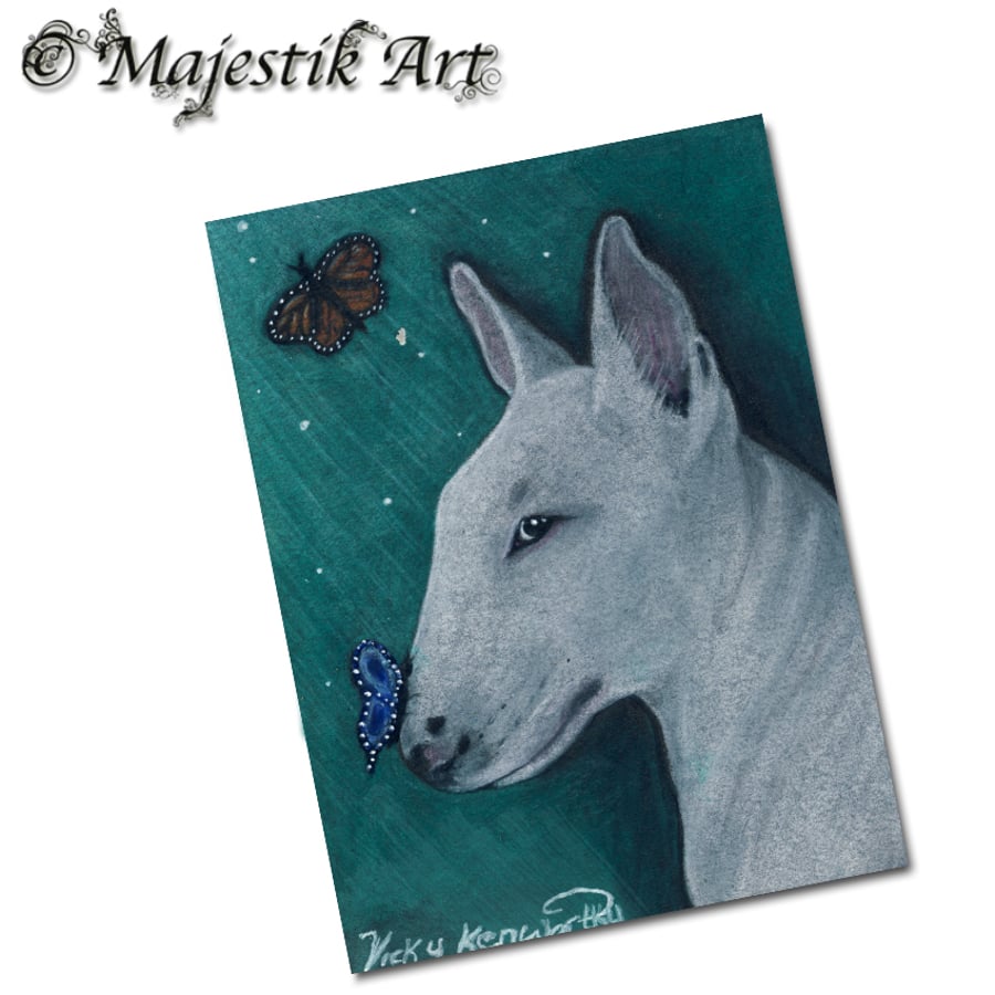 Archival ACEO English Bull Terrier 'Do I look like a flower?' By V Kenworthy