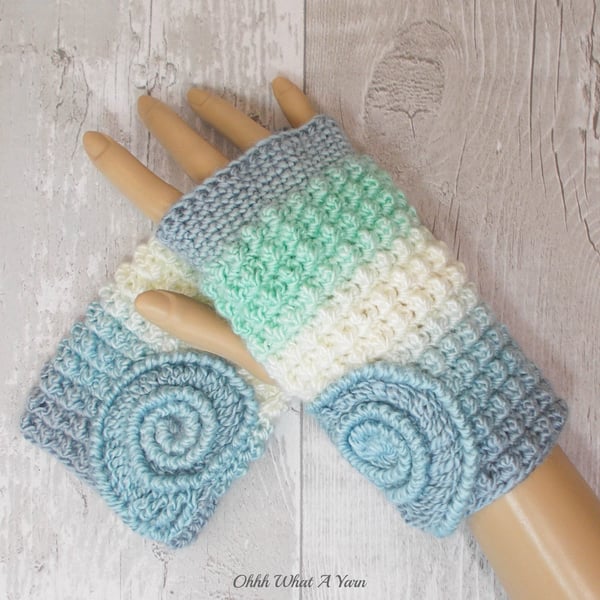 Blue, green and cream ammonite ladies crochet gloves, finger less gloves.  
