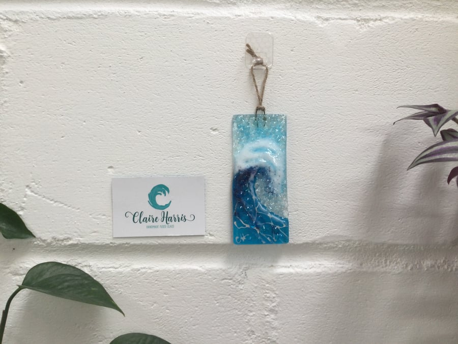 Fused Glass Crashing Wave Turquoise, Small Hanger. 12cm. 