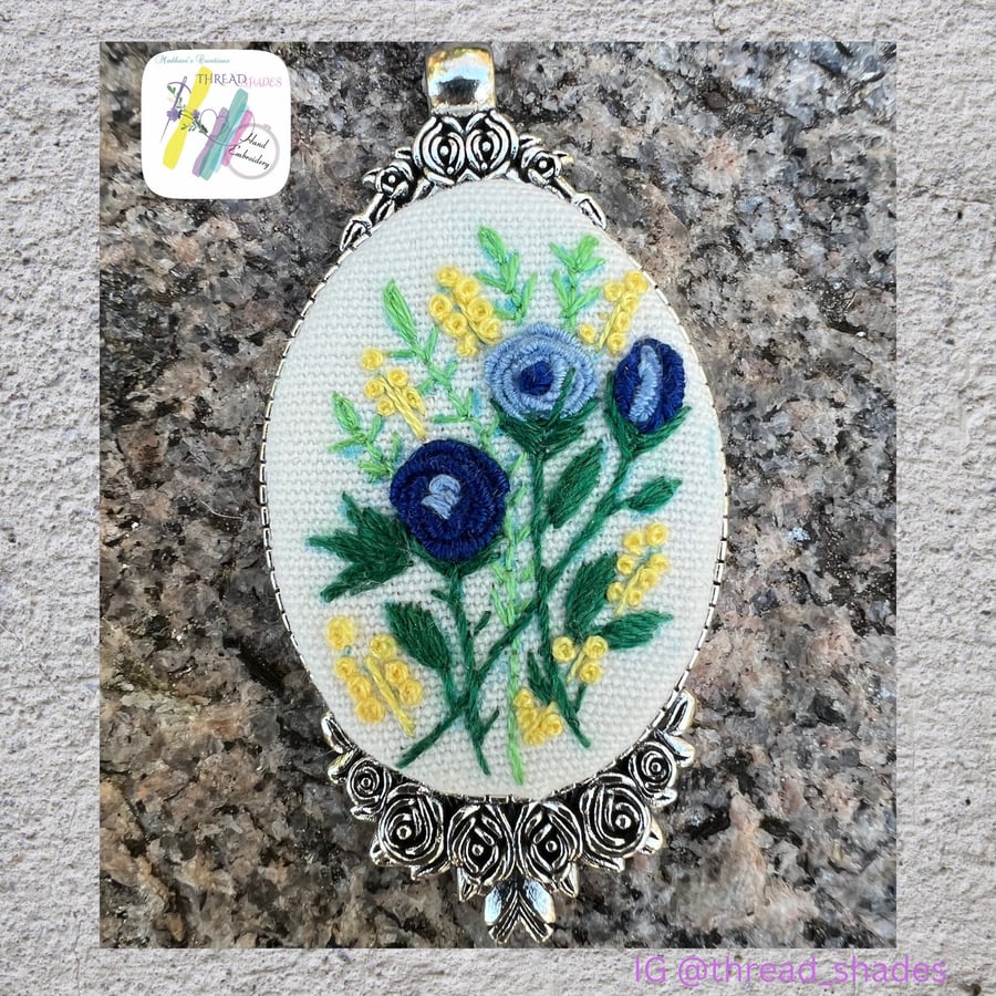 Hand embroidered pendant, chain necklace, floral design, blue roses, oval, antiq