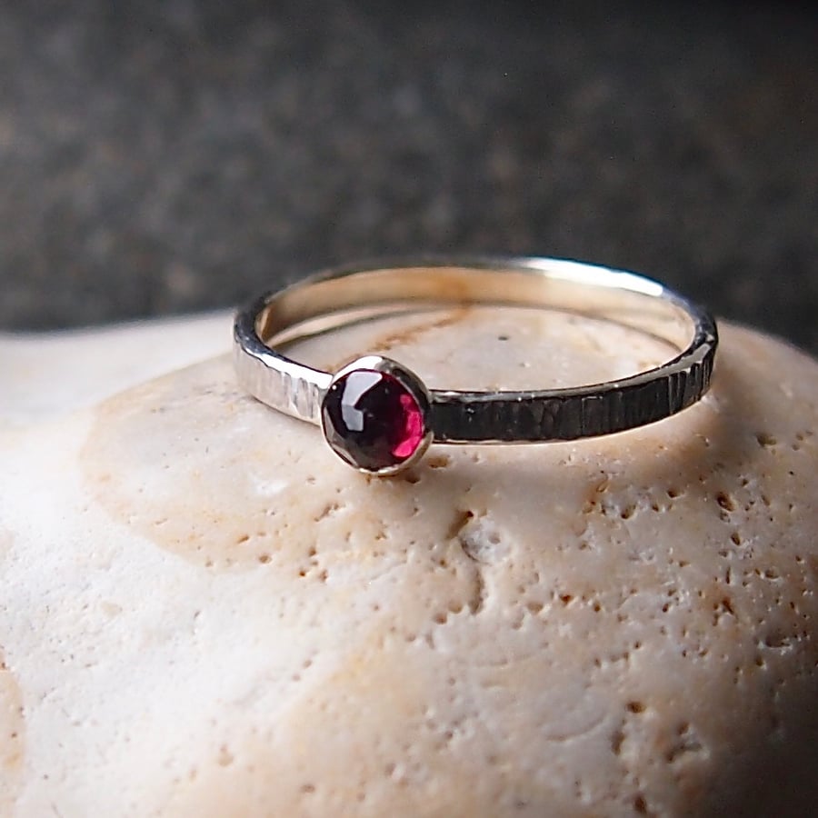 Textured Silver Ring with Rhodolite Garnet