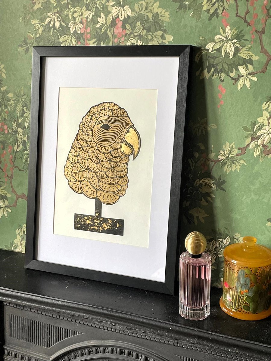 Parrot print  - Gold Parrot print - Parrot art print  - Handmade Parrot print 
