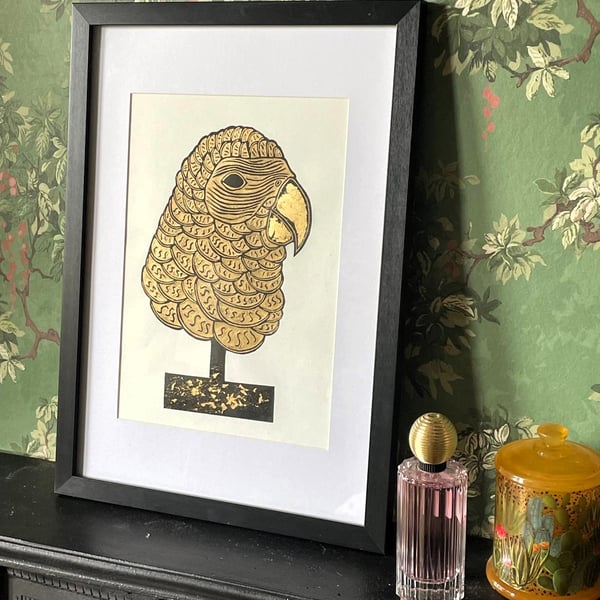 Parrot print  - Gold Parrot print - Parrot art print  - Handmade Parrot print 
