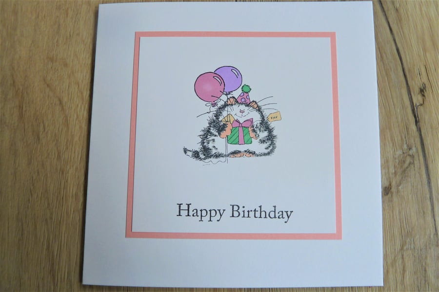 cat with balloons, happy birthday card