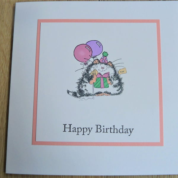 cat with balloons, happy birthday card