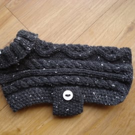 Black Aran Yarn With Flecks Of White Small Dog Coat With Buttons (R879)