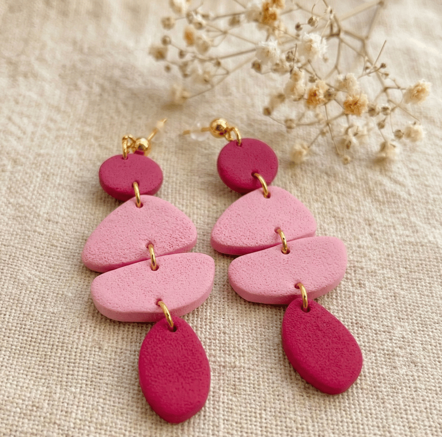 Long Pink Polymer Clay Earrings, Modern Geometric Dangles on Gold Studs