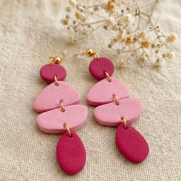 Long Pink Polymer Clay Earrings, Modern Geometric Dangles on Gold Studs