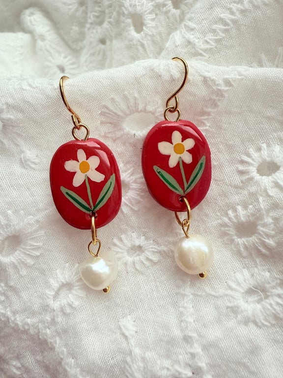 White Floral Red Oval Pearl Drop Earrings - FREE SHIPPING
